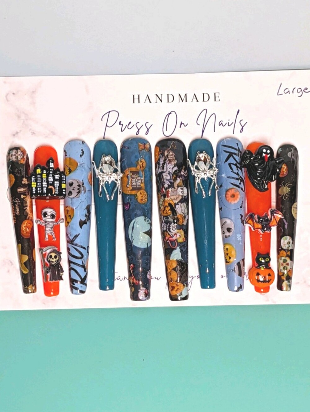 Hand Crafted Women Halloween 4Xl Press-On Nails - Teal, Orange & Black Sz Large